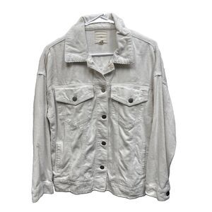 TGLA Corduroy Trucker Jacket Women White Raw Hem Cropped S Pockets Button Up